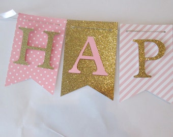 Pink and glitter gold Happy birthday banner, first birthday decorations