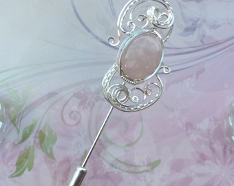 Coat Scarf Sweater Pin Womans Jewelry in Pink Rose Quartz Wire Wrapped Handmade in Silver with FREE SHIPPING