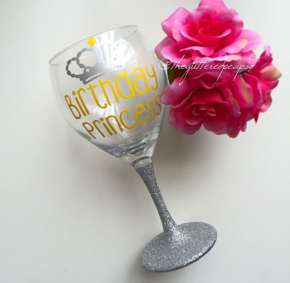 Custom Glittered Wine Glass// Birthday Princess.