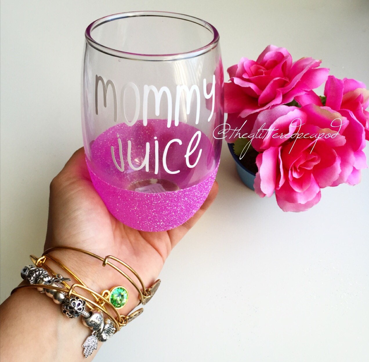 Custom Glittered Wine Glass Mommy Juice Stemless 