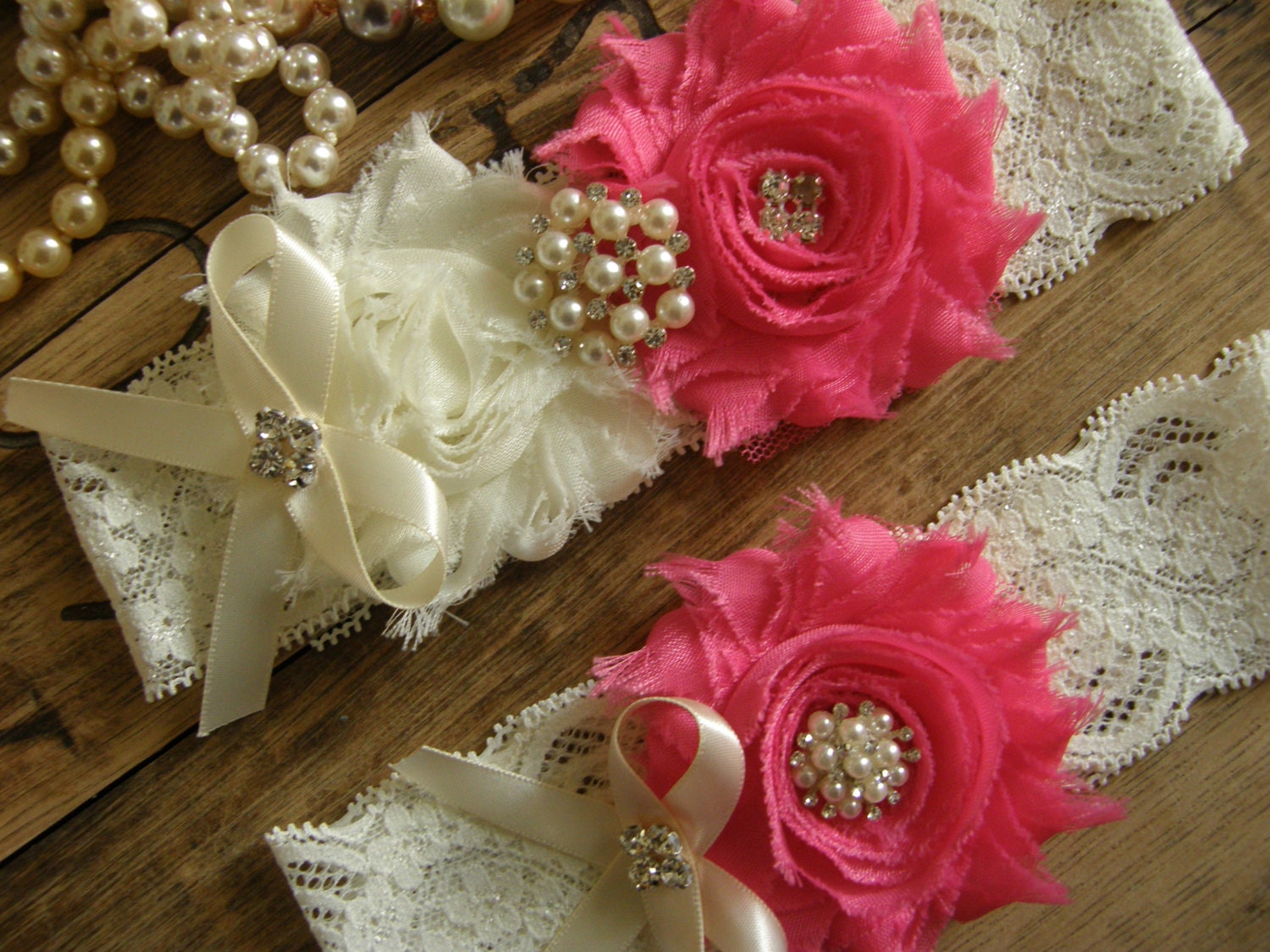 Ivory & Hot Pink Wedding Garters / Lace Garter / Bridal Garter