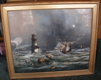 Reverse painting on glass, mother of pearl C 1900s lighthouse, ships