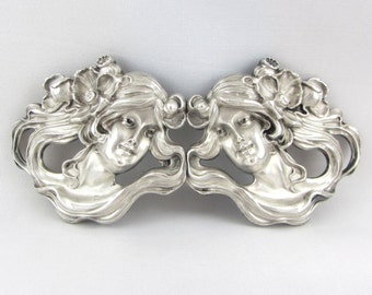 Antique Art Nouveau Sterling Silver Belt Buckle | Large William Kerr Woman Design Double Belt Buckle | Antique Sterling Silver Collectible
