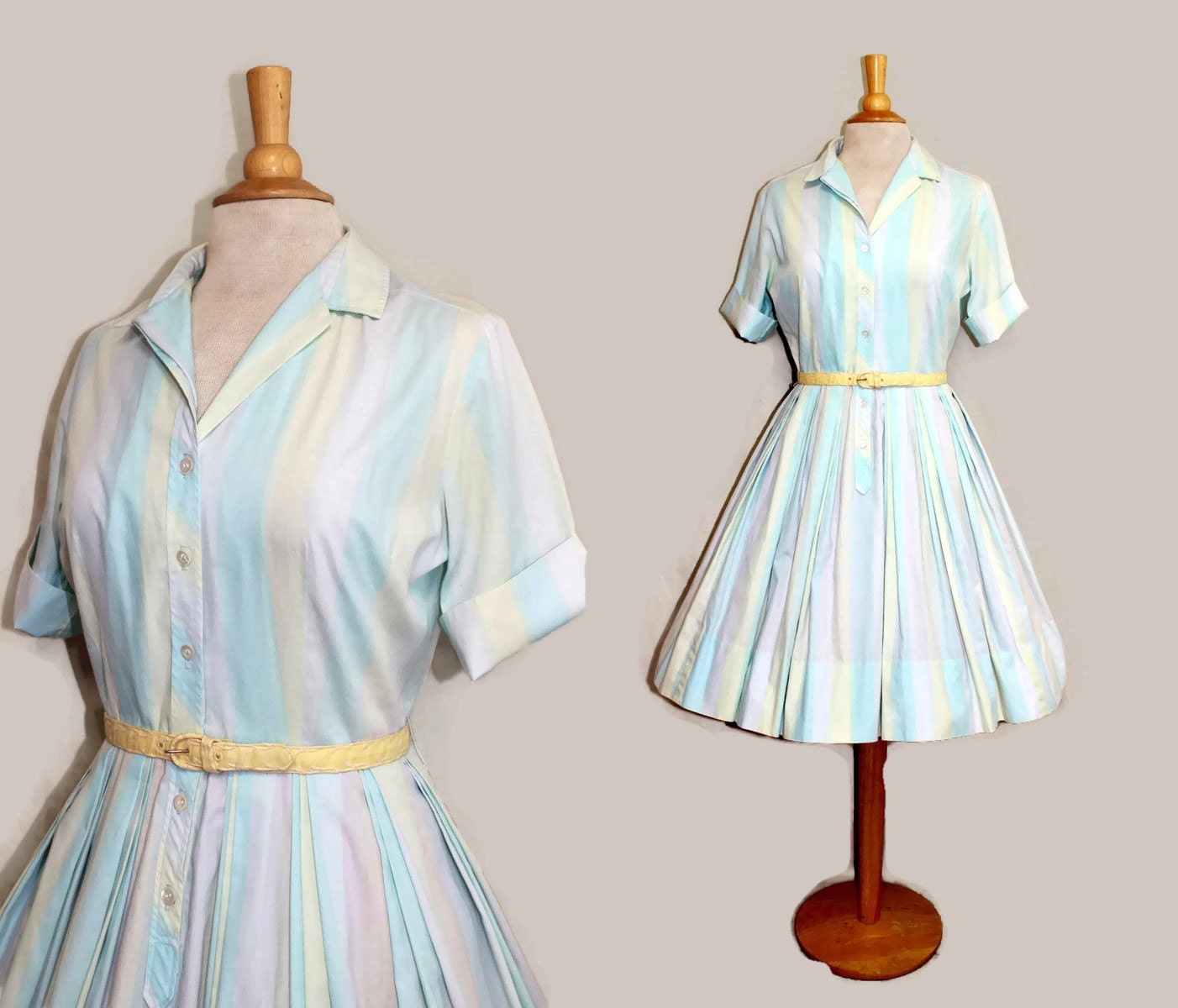 Vintage 50s Shirtwaist Dress 1950s Day Dress Pastel Stripes