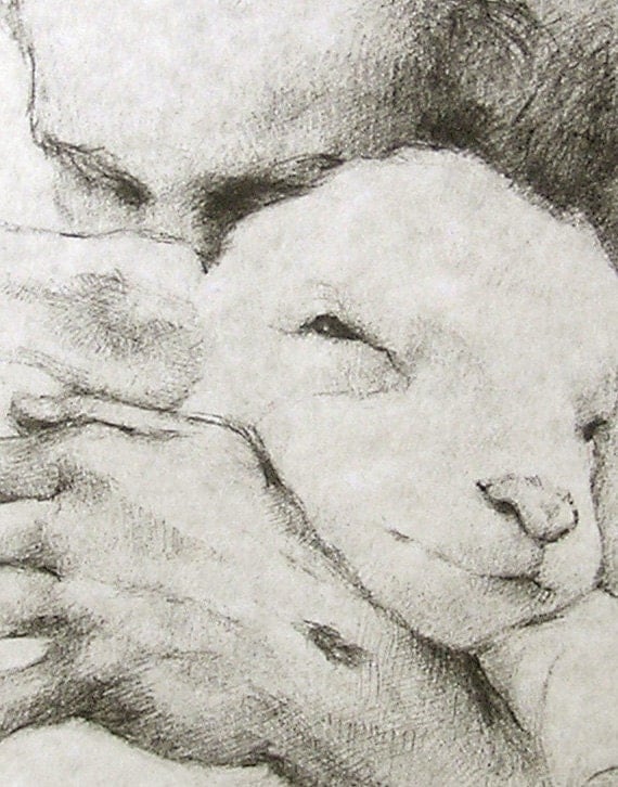 Jesus and the Lamb 14x11 Pencil Sketch Unframed by WeeBluegrass