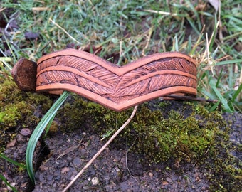 Leather Dog Collar Hand Tooled Feathers Tan