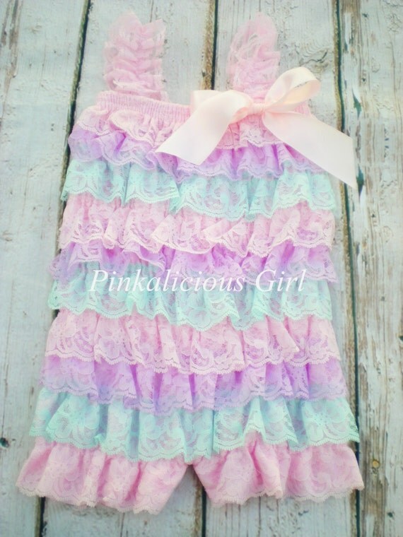 Baby Girl Aqua Pink Lavender Lace Romper by PinkaliciousGirl