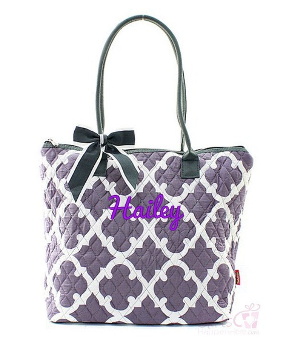 Personalized Quilted Tote Bag Monogrammed Quatrefoil Moroccan Gray 16 ...