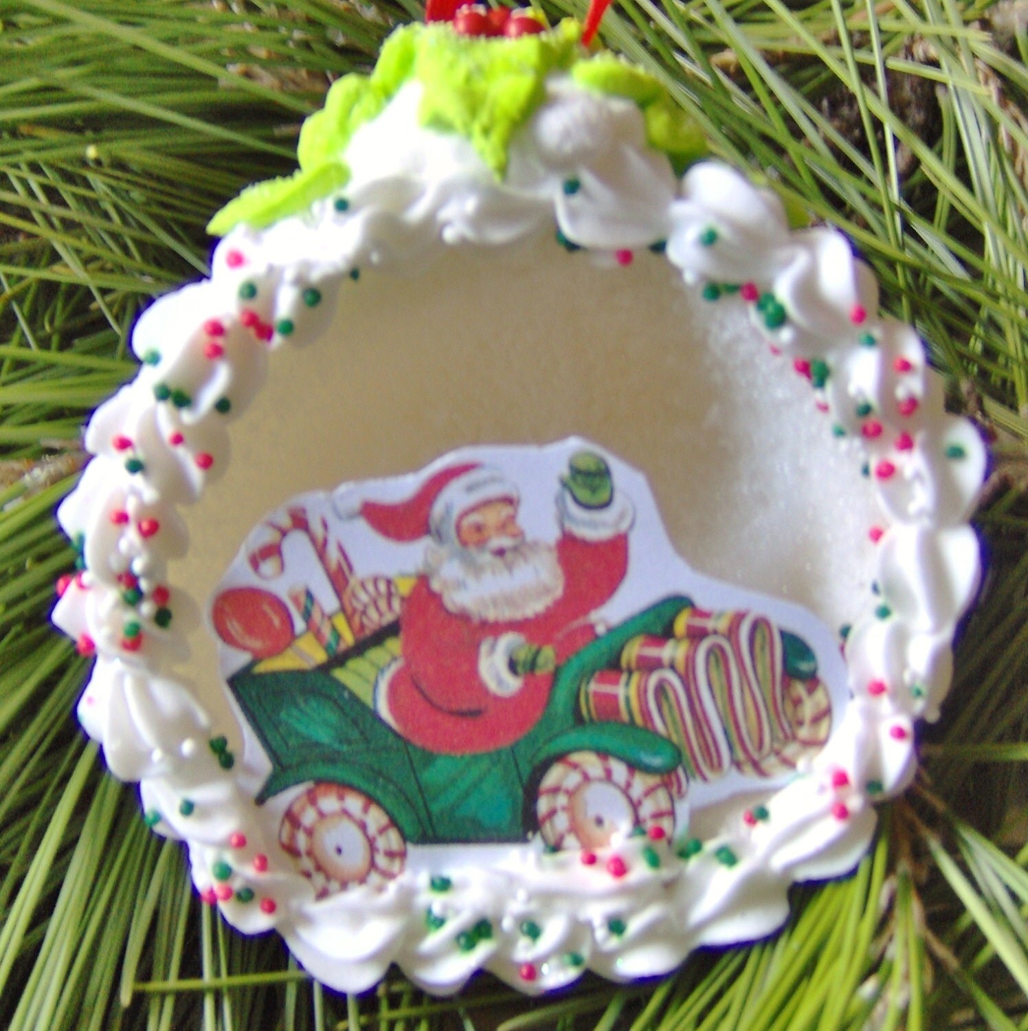 Sweet Santa in car real icing and sugar ornament, gift idea, gift tie-on, for stockings, table place settings, new baby gift!