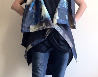 Denim Maxi Vest/High Collar Vest/Plus Size Asymmetrical Vest/Oversized Vest