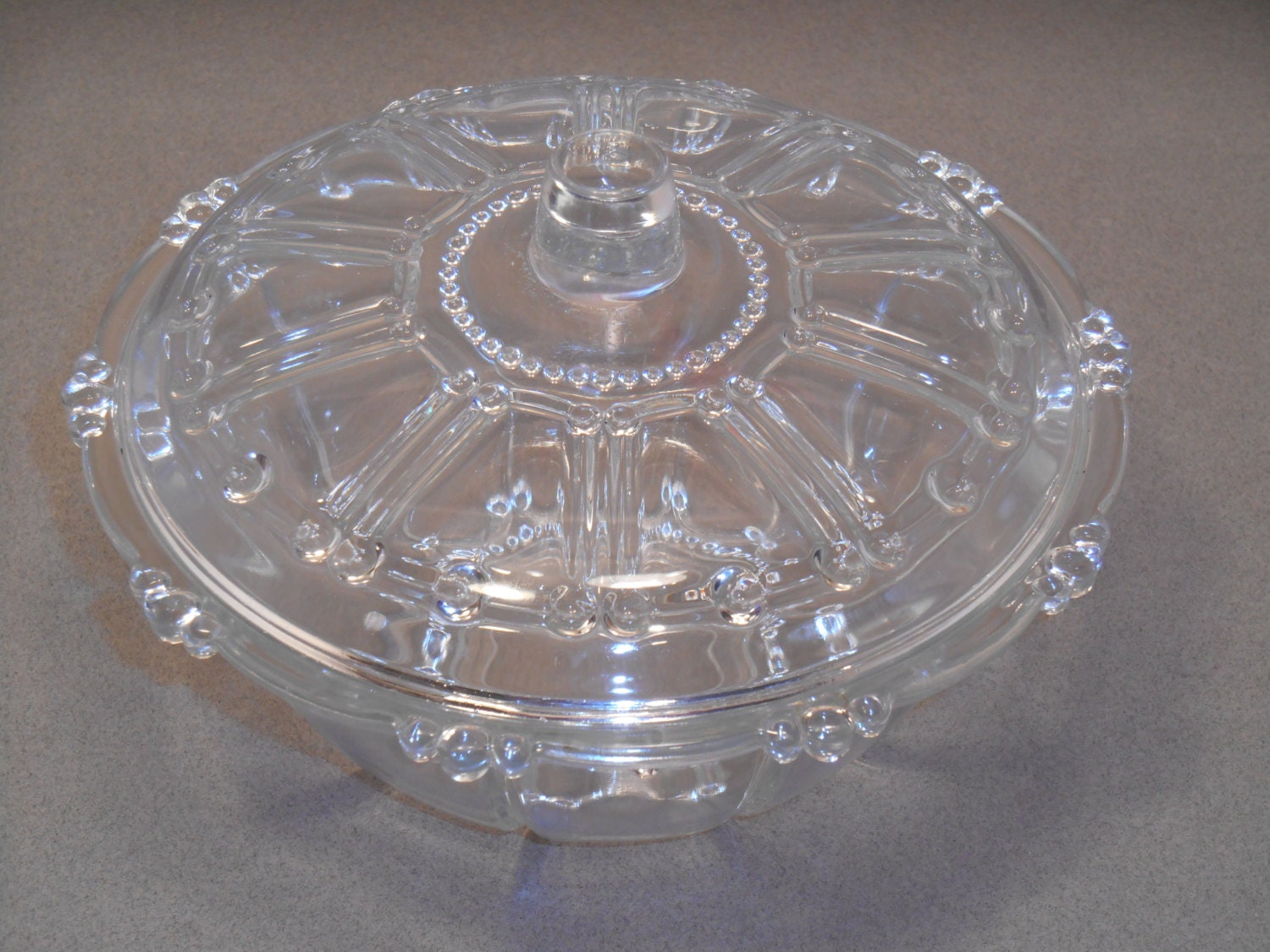 K I G Indonesia Glass Candy Dish & Lid Faux Depression Boopie