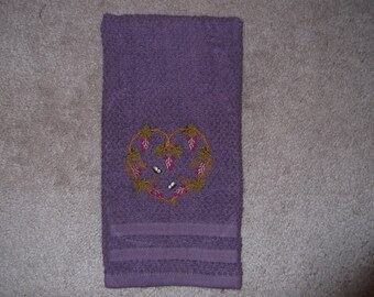 Embroidered ~GRAPEVINE HEART~ Plum Kitchen Hand Towel