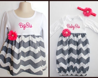Big Sister Little Sister Outfit - Girls Chevron Dress - Newborn Gown - Grey - Pink - Going Home Outfit - Baby Shower Gift - With Headband