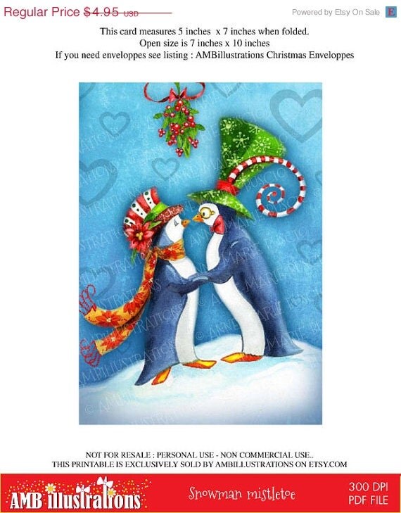 80% OFF Printable Christmas cards DIY instant download - Snowman kissing under mistletoe AMB-625 Il_570xn