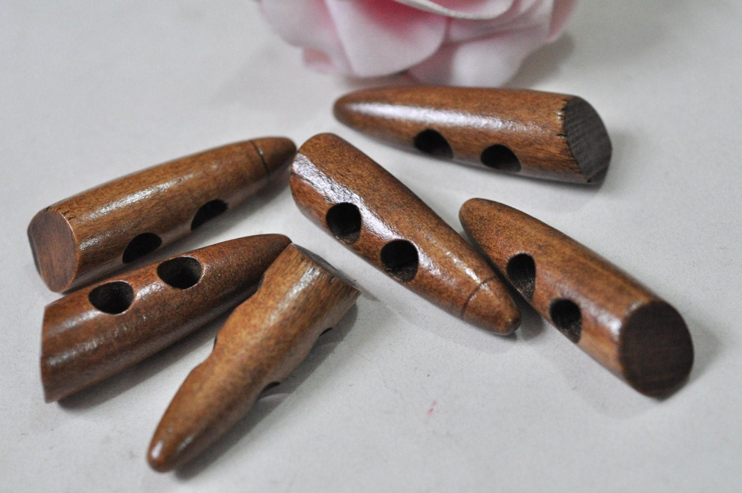20pcs Wood Toggle Button Natural Wooden Brown Finished Two Holes Sewing Accessory 46x13mm MT769