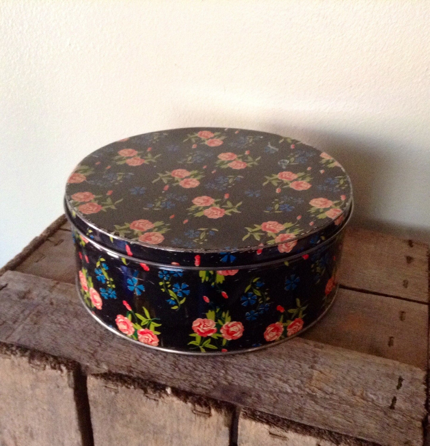 Funky and Distressed Round Black Vintage Tin Container with Pink and ...