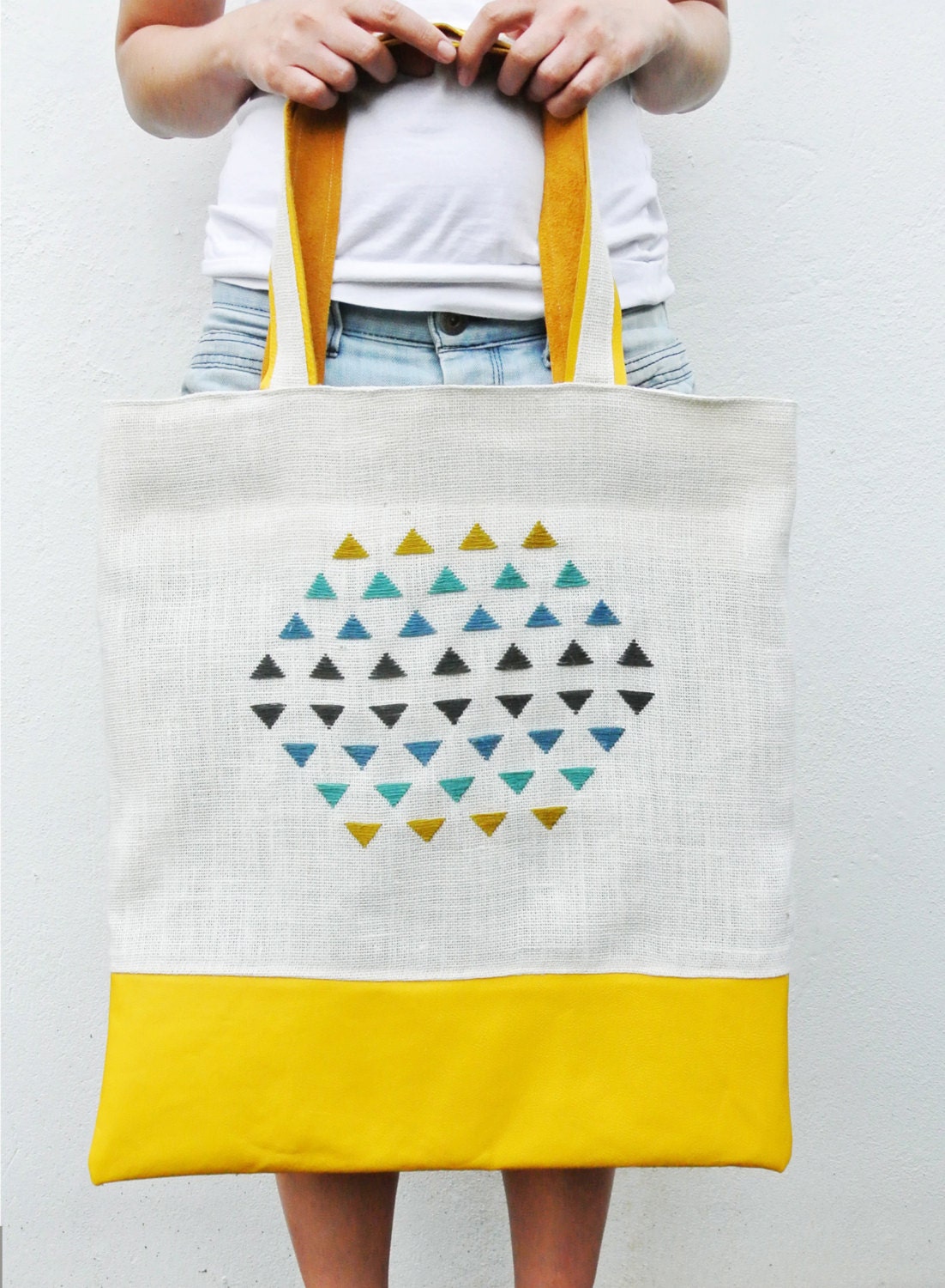 Oversized Tote bag with leather panel and hand embroidery