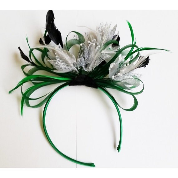 Emerald Green & Silver Feathers Fascinator On Headband