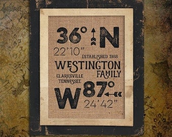 Burlap Print - Burlap Sign - Custom Burlap Print - Custom Burlap Sign - GPS Sign - GPS Print - Housewarming Gift - Latitude Longitude Sign