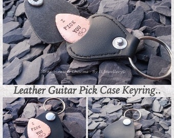 Hand Stamped Personalised Guitar Pick with Leather Keyring Case, Plectrum, Couples Gift, Valentines, Music, Copper, Aluminium, Couples Gift.