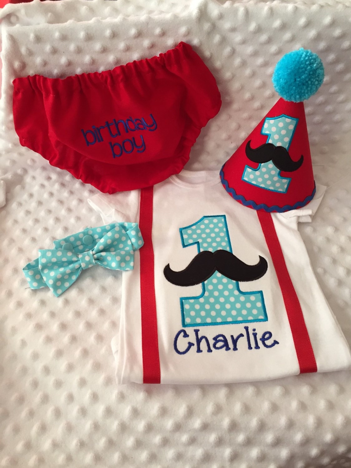 Boys Cake Smash Outfit Mixed Patterns Mustache Diaper