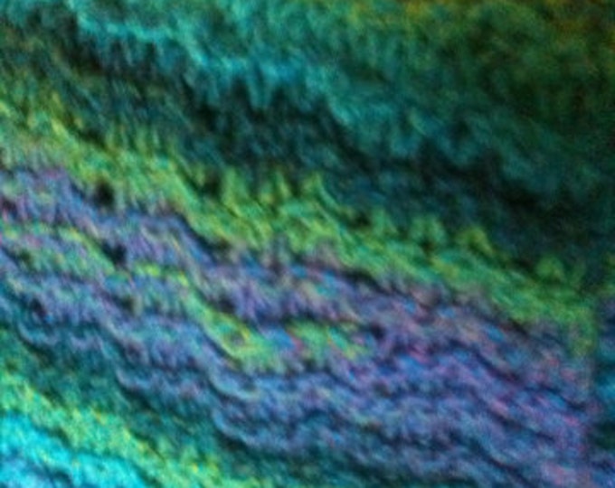 hand knit blue, green, yellow & purple scarf