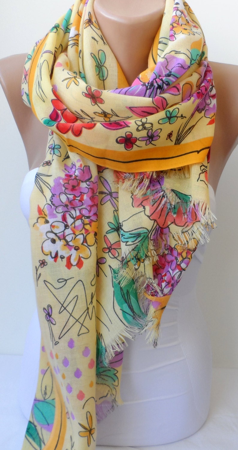 Cotton Scarf in Yellow Colourful Floral Scarfs Shawls Spring