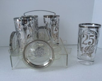 Silver Rim 25th Anniversary Glasses and Coaster Set with Caddy, Anniversary Gift