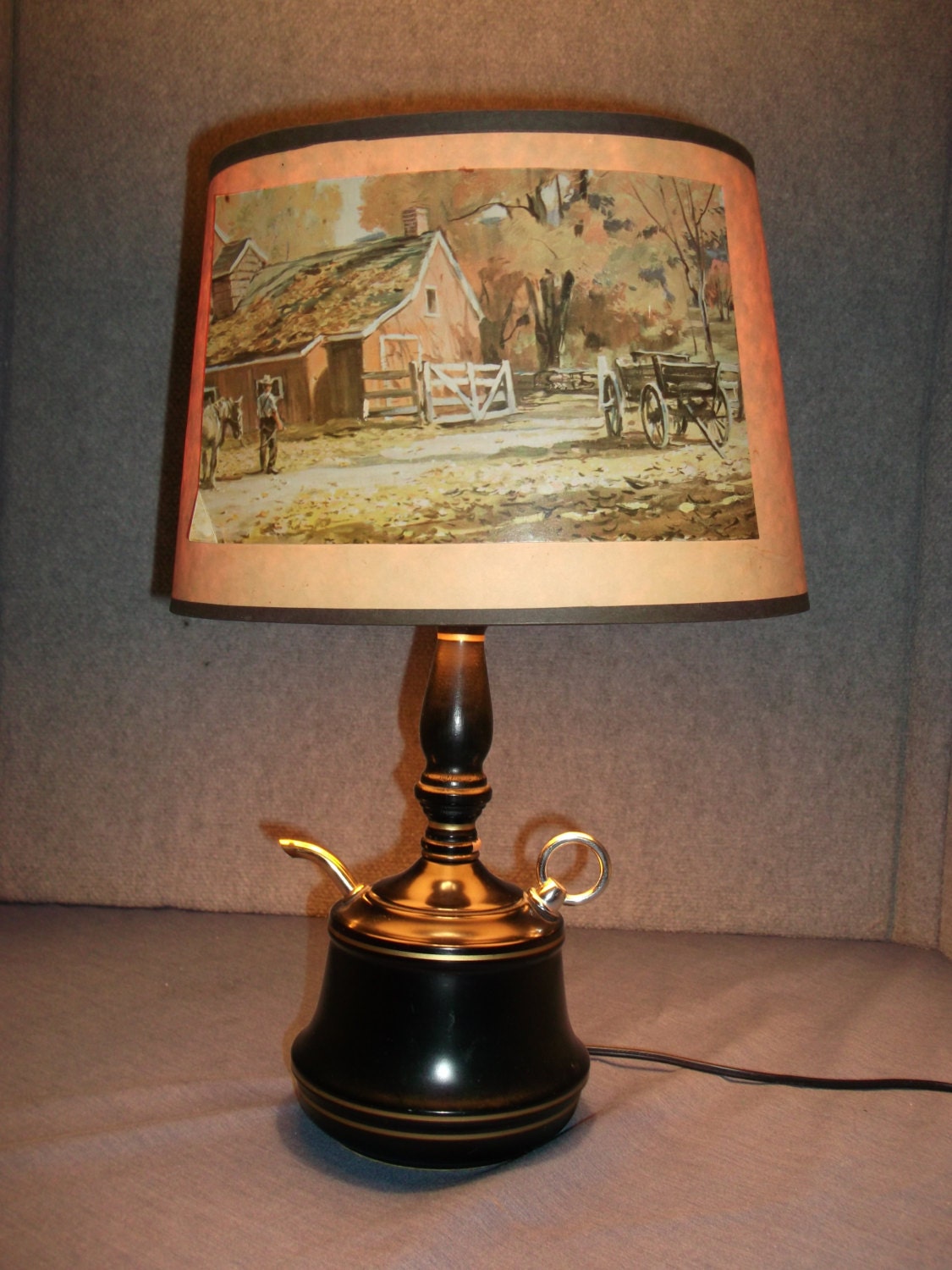 Teapot lamp wood base lamp black teapot lamp ranch scenery