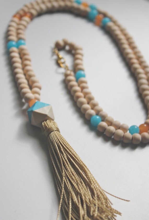 Items similar to Long tassel necklace, woodbeads long necklace,(Blue