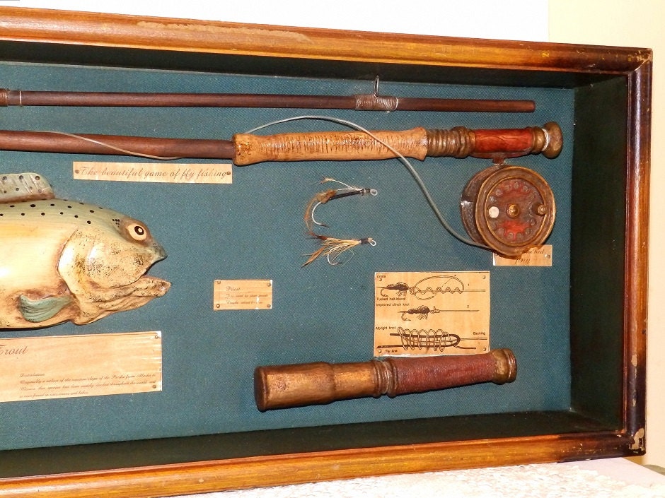 Vintage Rainbow Trout Fly Rod Fishing Display in Shadow Box