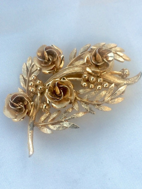 Gold Rose Brooch Roses Leaves and Berries Mid by YesterHere