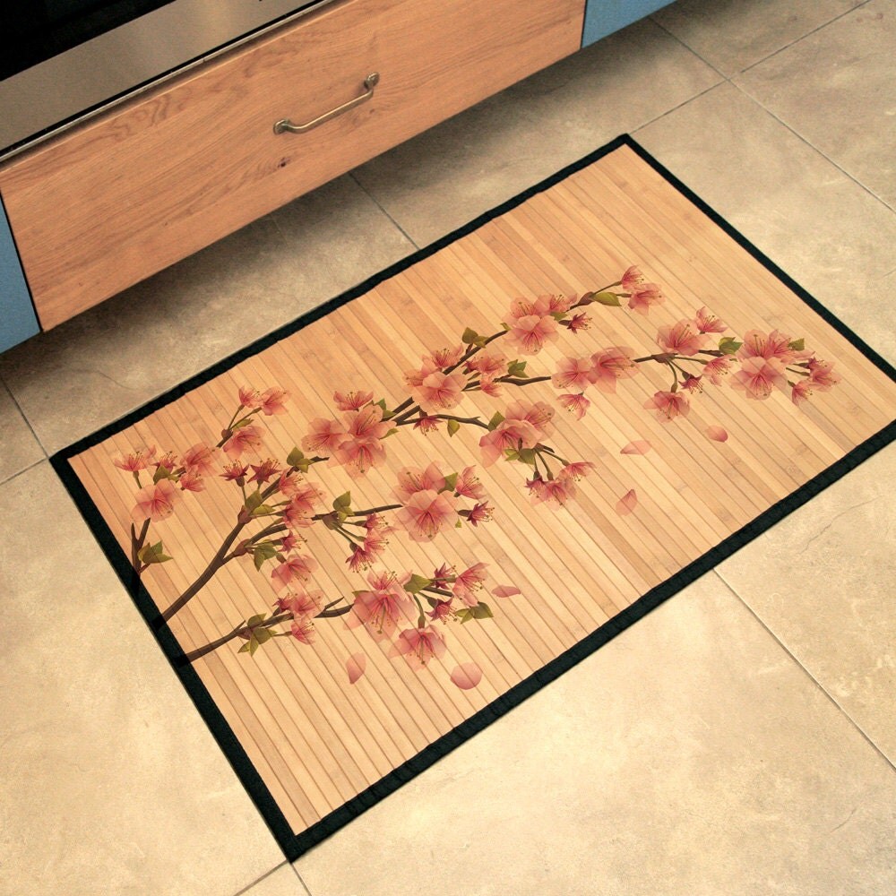 Printed Bamboo Mat Plum blossom print in pink.