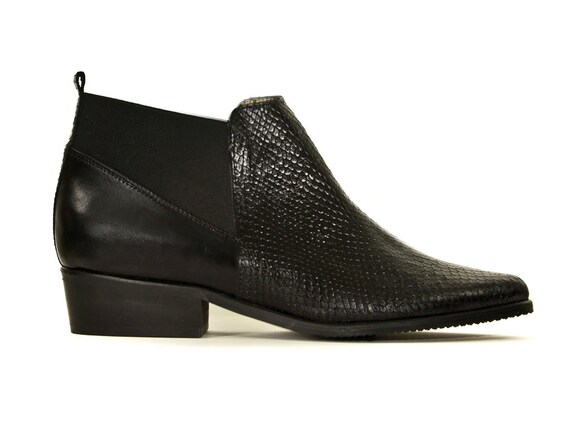 black ankle booties with low heel