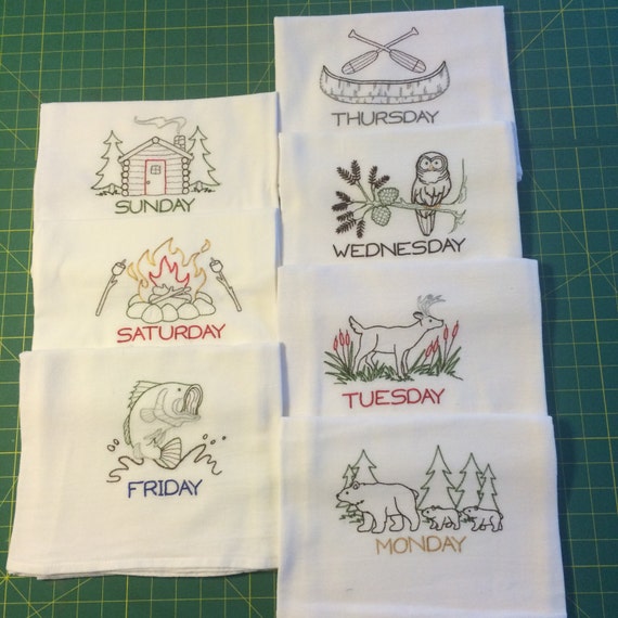 Machine Embroidered Flour Sack Dish Towel Set 7 Towels