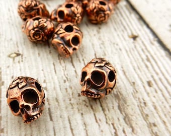 Sugar Skull Beads TierraCast Antique Copper 10mm Big Hole Beads, Large Hole, Qty 4, Rose Skulls Viva Mexicana, Day of the Dead Jewelry