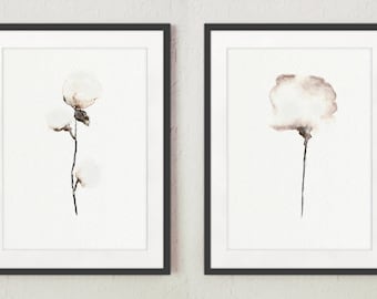 Set of 2, Cotton bolls, Natural floral painting, Giclee art print, White home decor, Natural cotton art, Mother's day gifts