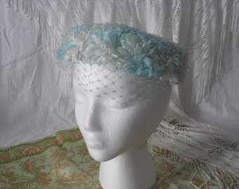 Vintage Powder Blue and white Floral Pillbox hat