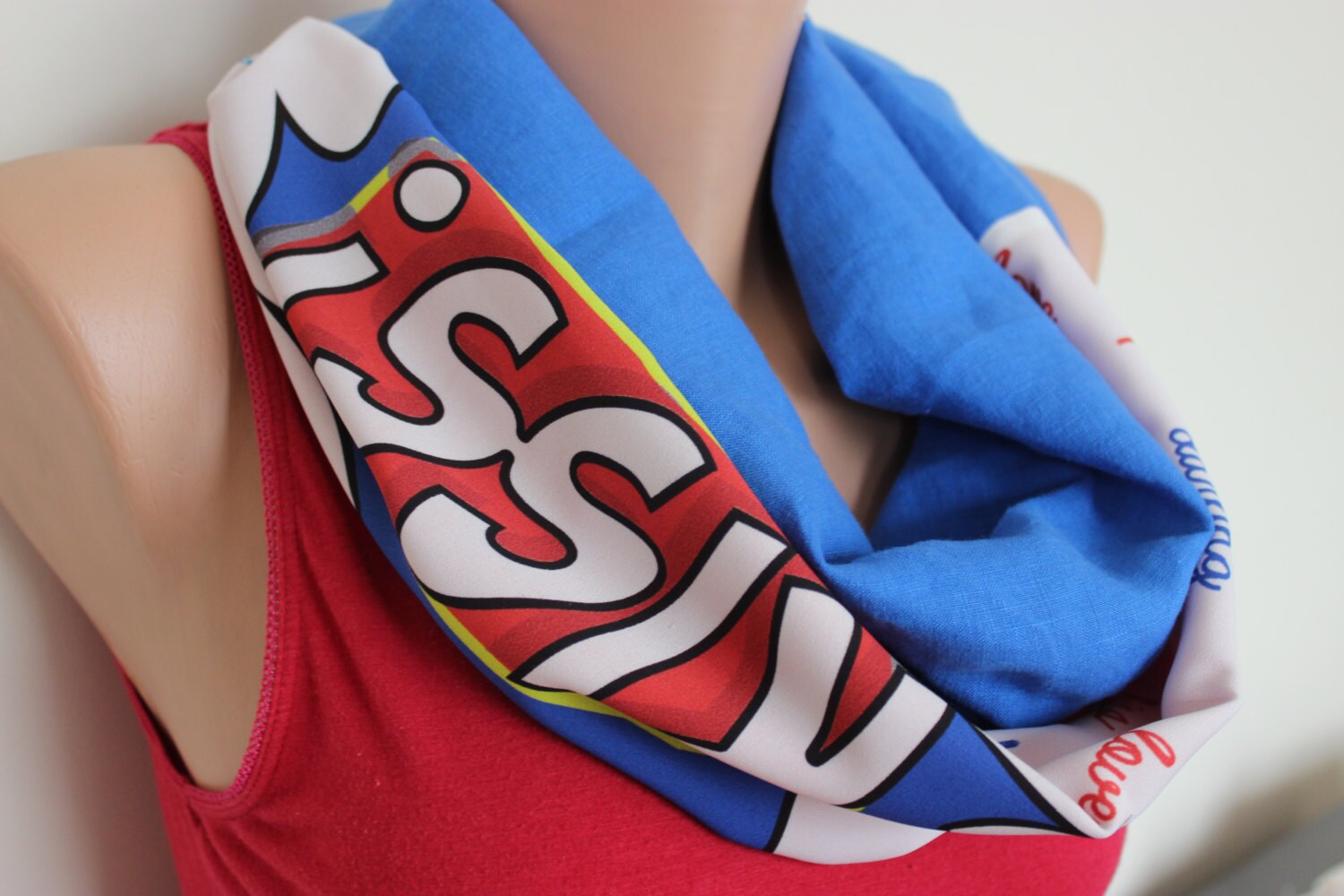 Kiss Scarf Blue Linen Scarf Handmade Loop Scarf Red