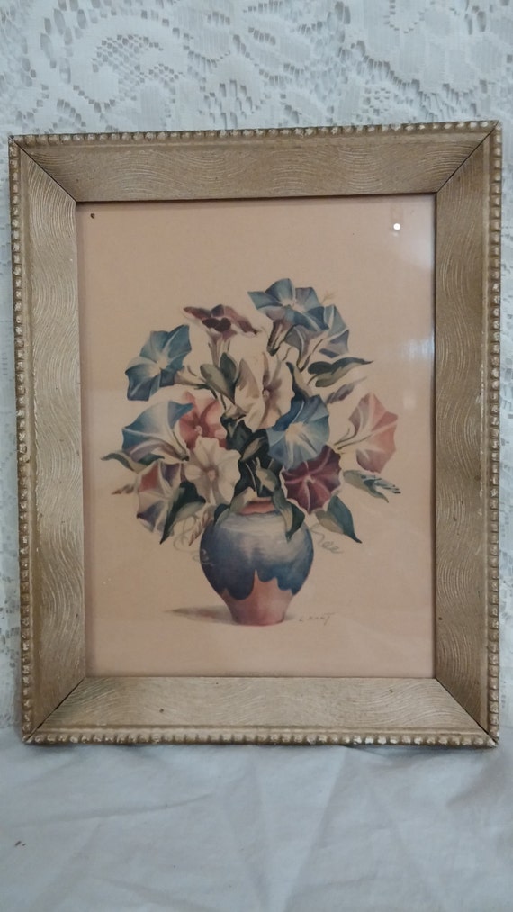 Vintage Art Deco Floral Print signed L. Hart. Petunias in