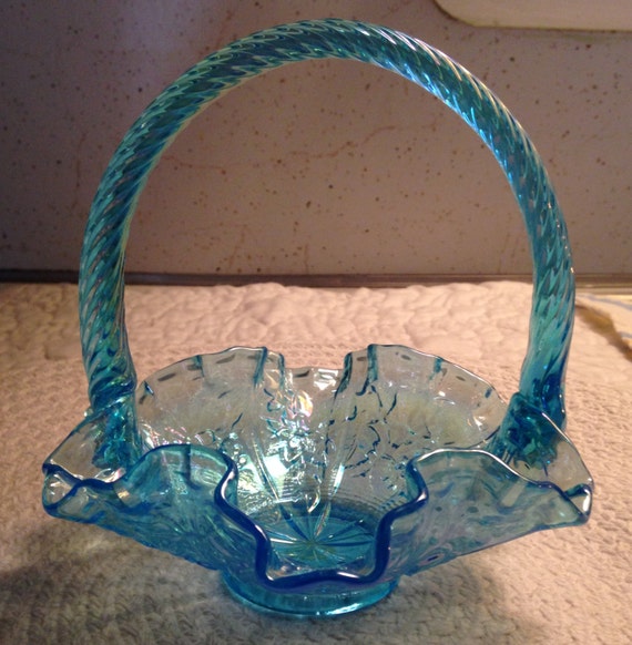 Fenton blue glass handle basket