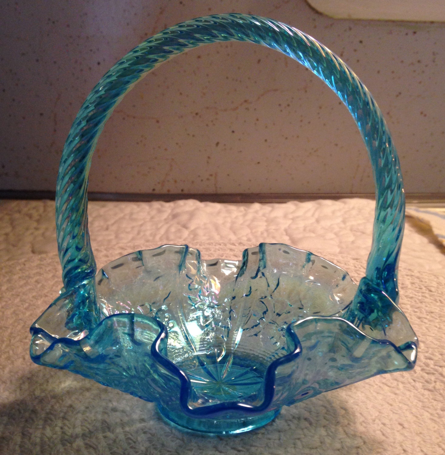 Fenton Blue Glass Handle Basket 2265