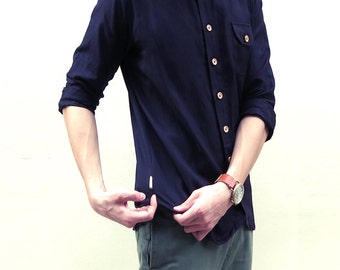 Mens Linen Shirt - Collarless Curve-hem Top (Black color)