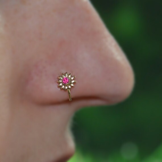 Red 2mm Ruby Nose Ring - Gold Nose Hoop - Rook Piercing - Cartilage Earring - Tragus Earring - Daith Ring - Helix Hoop - Nose Piercing 20g
