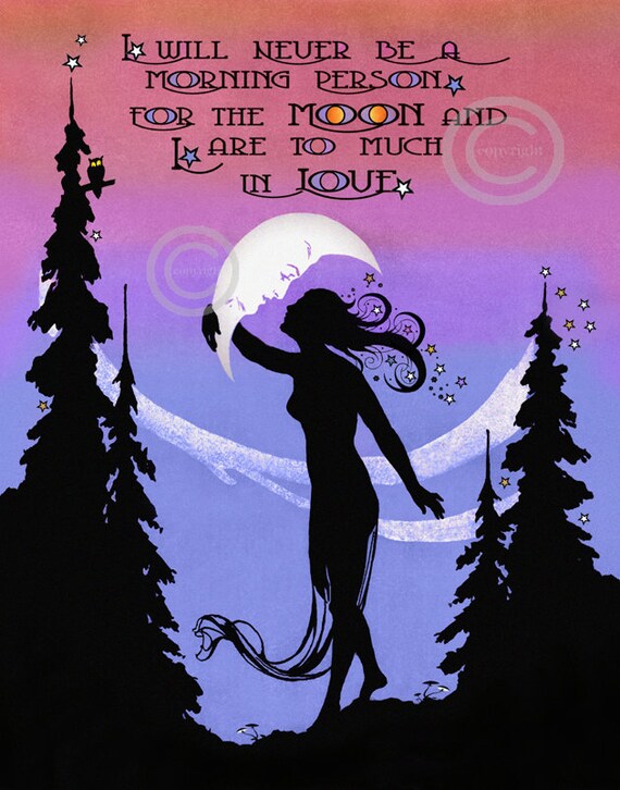 Whimsical Moon Motto Silhouette PrintGirl by DragonflyMeadowsArt