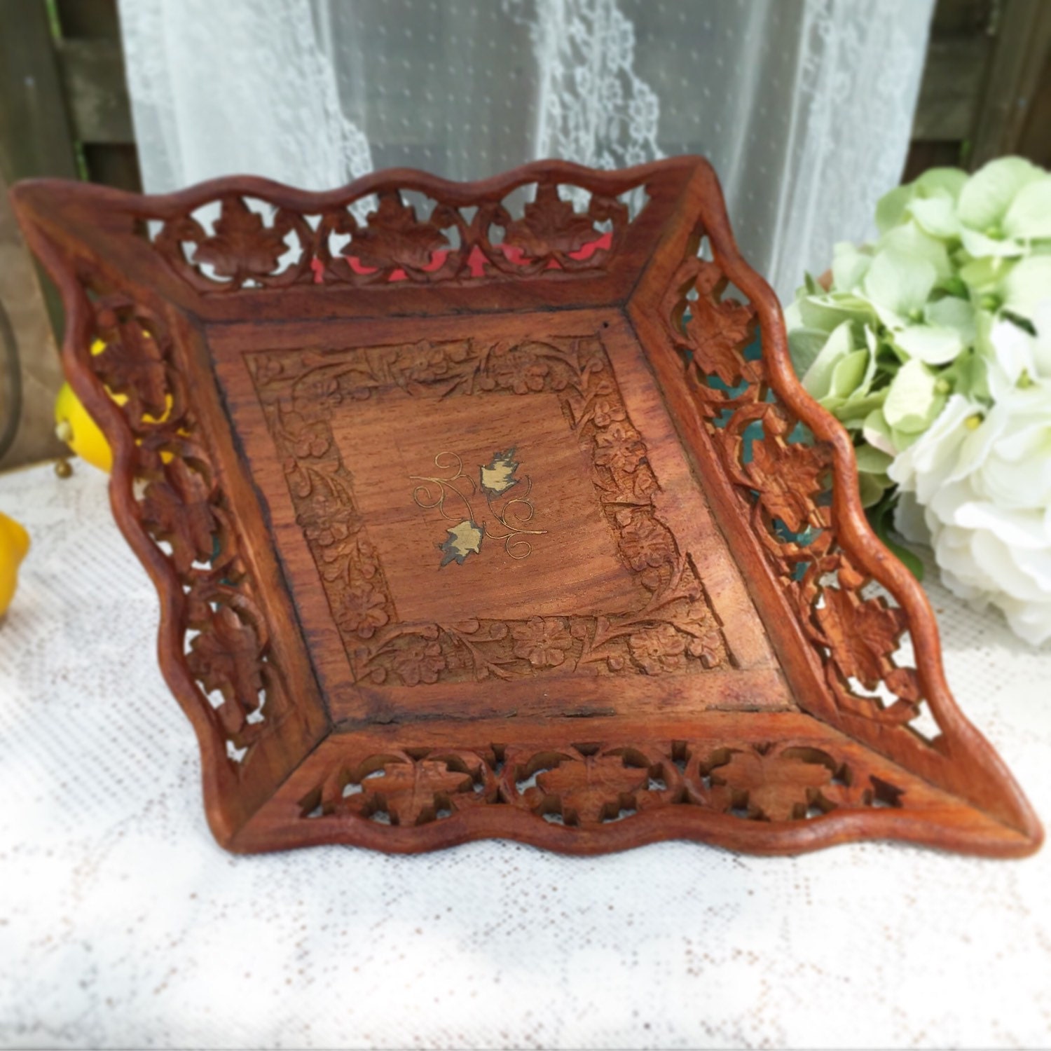 Decorative Carved Wood Tray Gold inlay ornate by