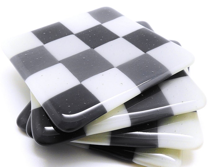 Grey white glass coaster set. Fused glass tiles. Drink mats. Housewarming, wedding anniversary birthday gift for him gift for her. Checkered