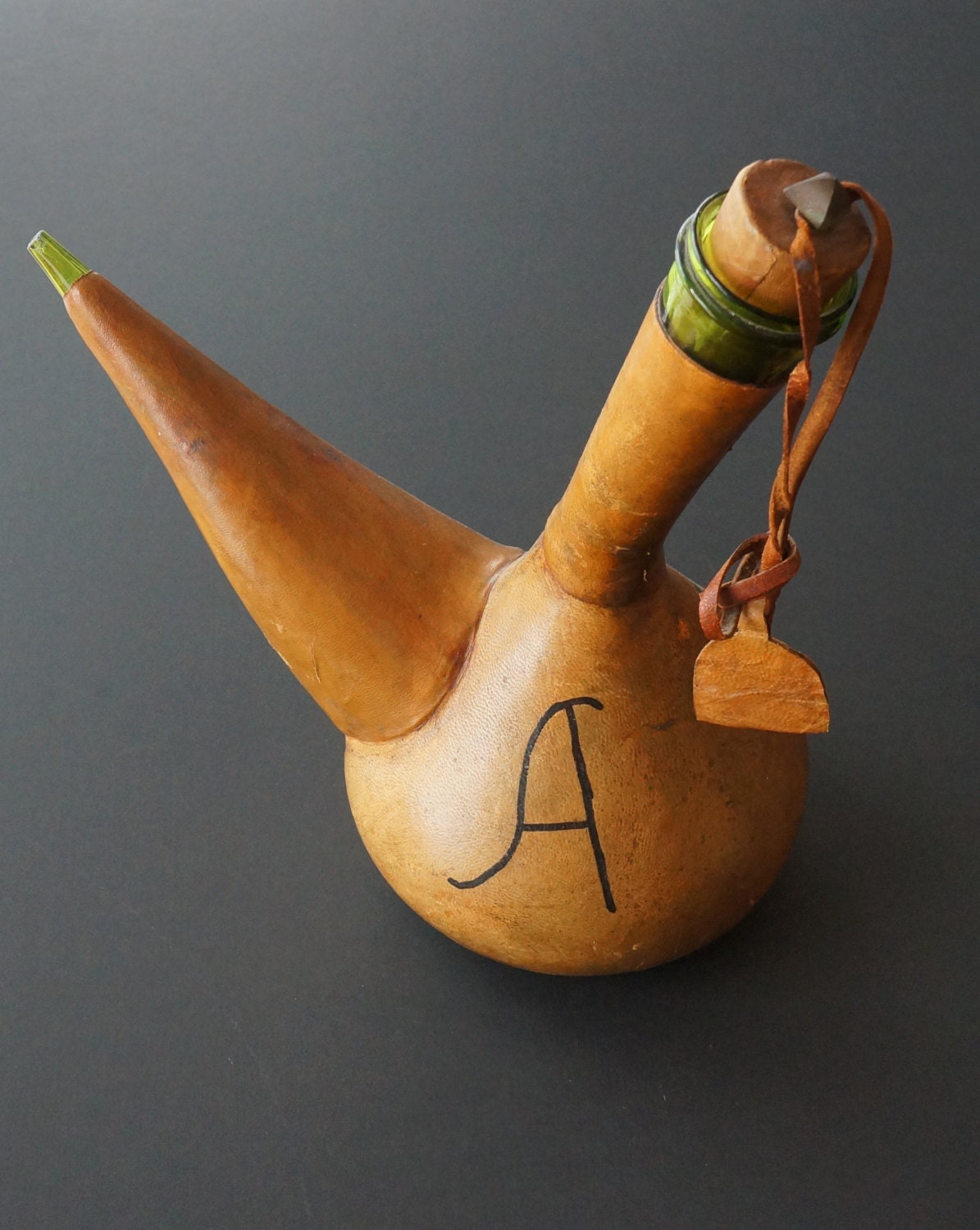 Vintage Spanish Porron Glass Decanter With Leather