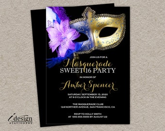 Sweet 16 Masquerade Invitation, DIY Printable Mardi Gras Sweet 16 Party Invitations, Masquerade Sweet Sixteen, Masquerade Ball Invites