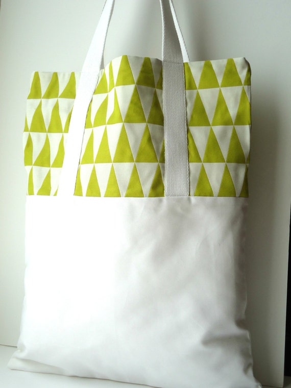 Large Tote bag white cotton gabardine with white geometric patterns ...